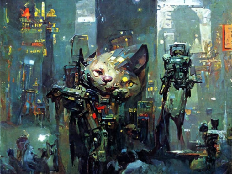 Robot cat in a cyberpunk city