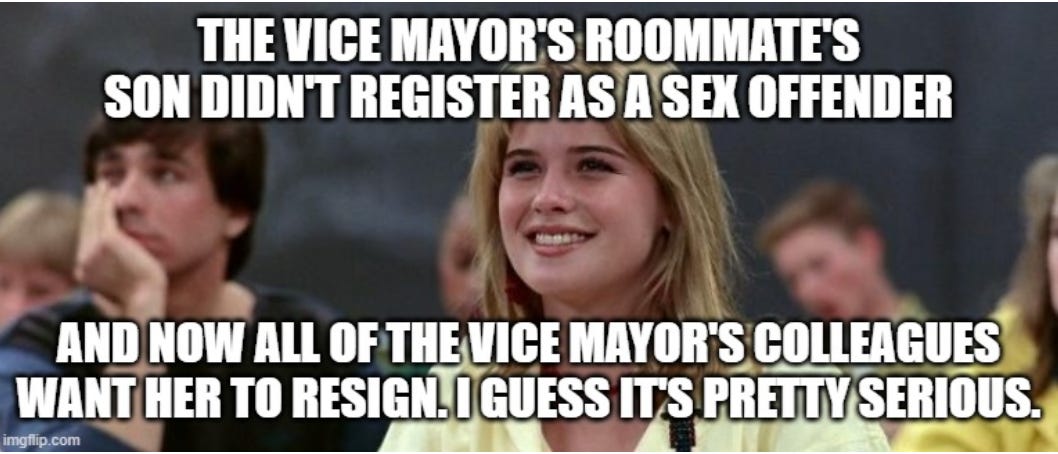 image of women smiling with caption "the vice mayor's roommates son didn't register as a sex offender"