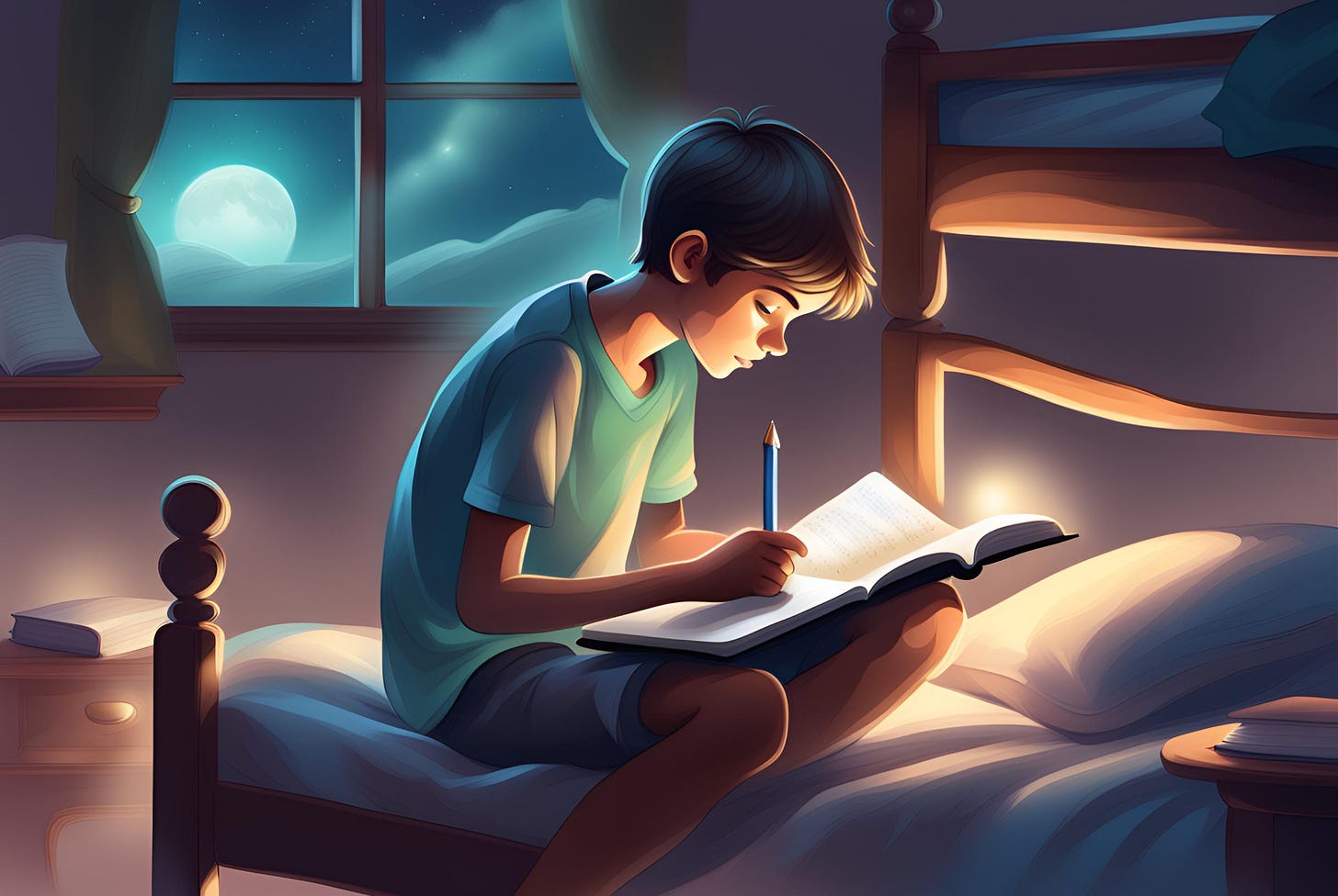 Illustration of a boy sitting on a bed writing in a journal