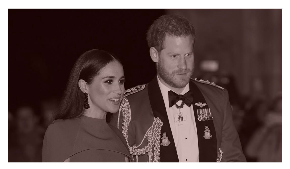 Photograph of Meghan and Harry aka the Duchess and Duke of Sussex. In formal attire. 