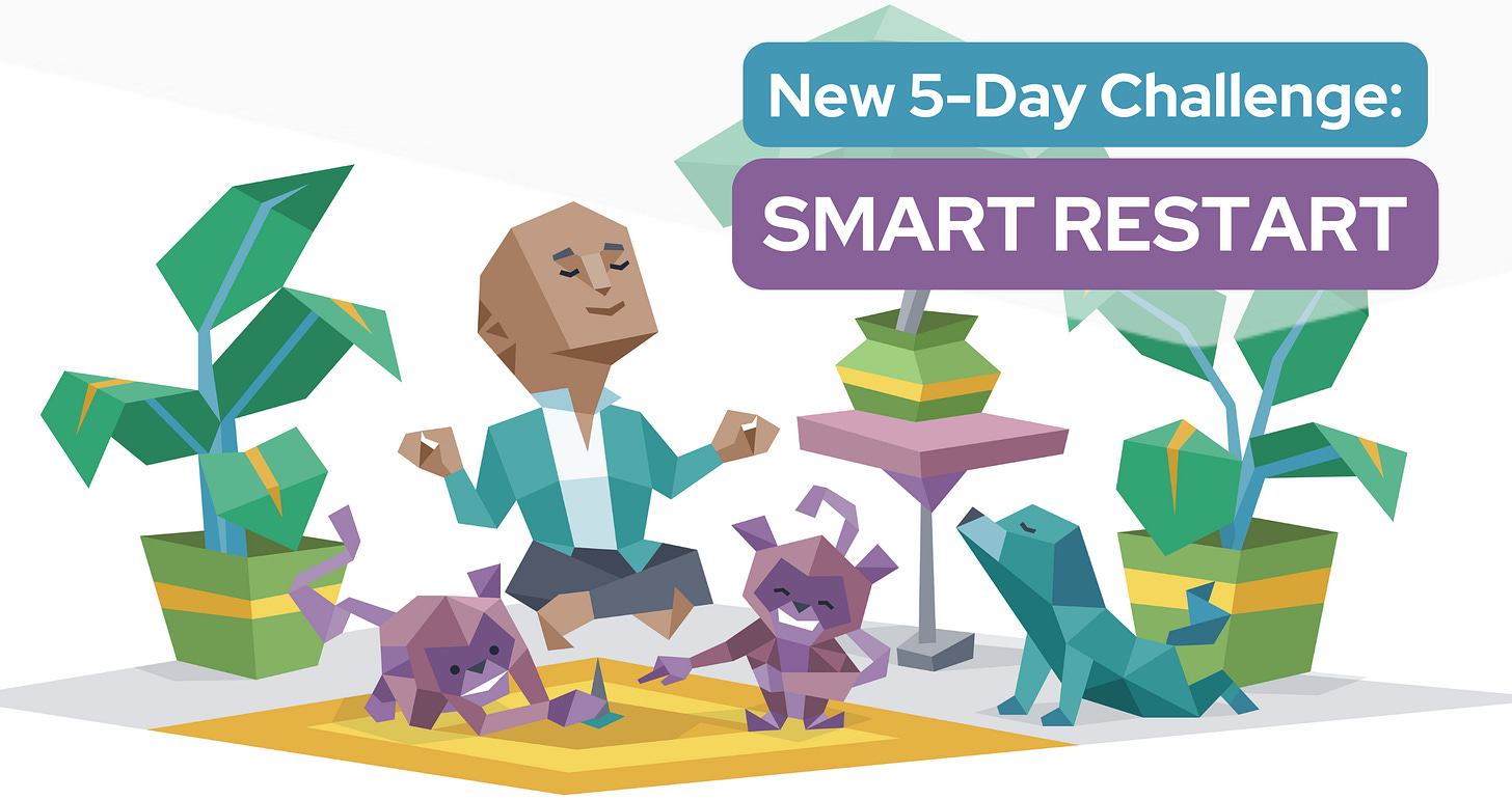 A meditating man hovers above a rug – he’s surrounded by plants and a dog. One monkey places a tack under the man while another laughs. Text reads "New 5-Day Challenge: Smart Restart"