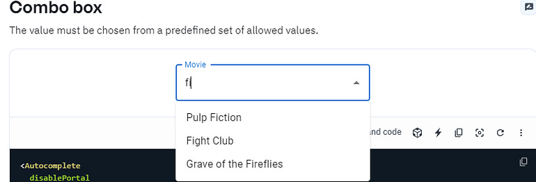 Material UI’s autocomplete component. two letters, “FI”, are typed in the box, and a list of relevant search results are below.