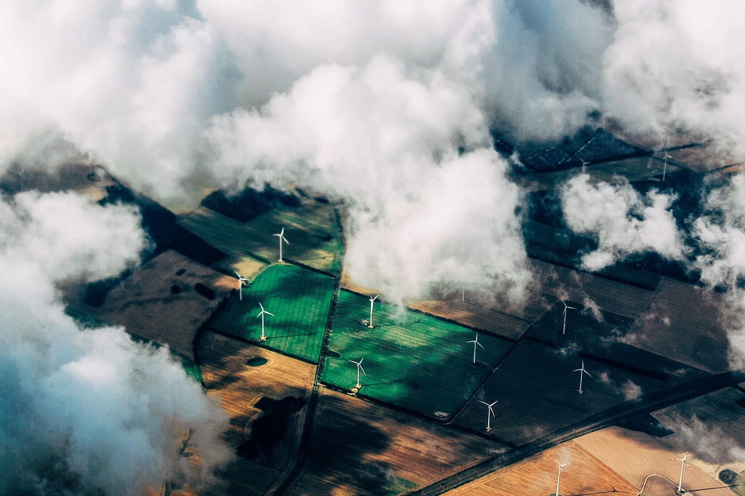 Aerial view of wind farm in agricultural area