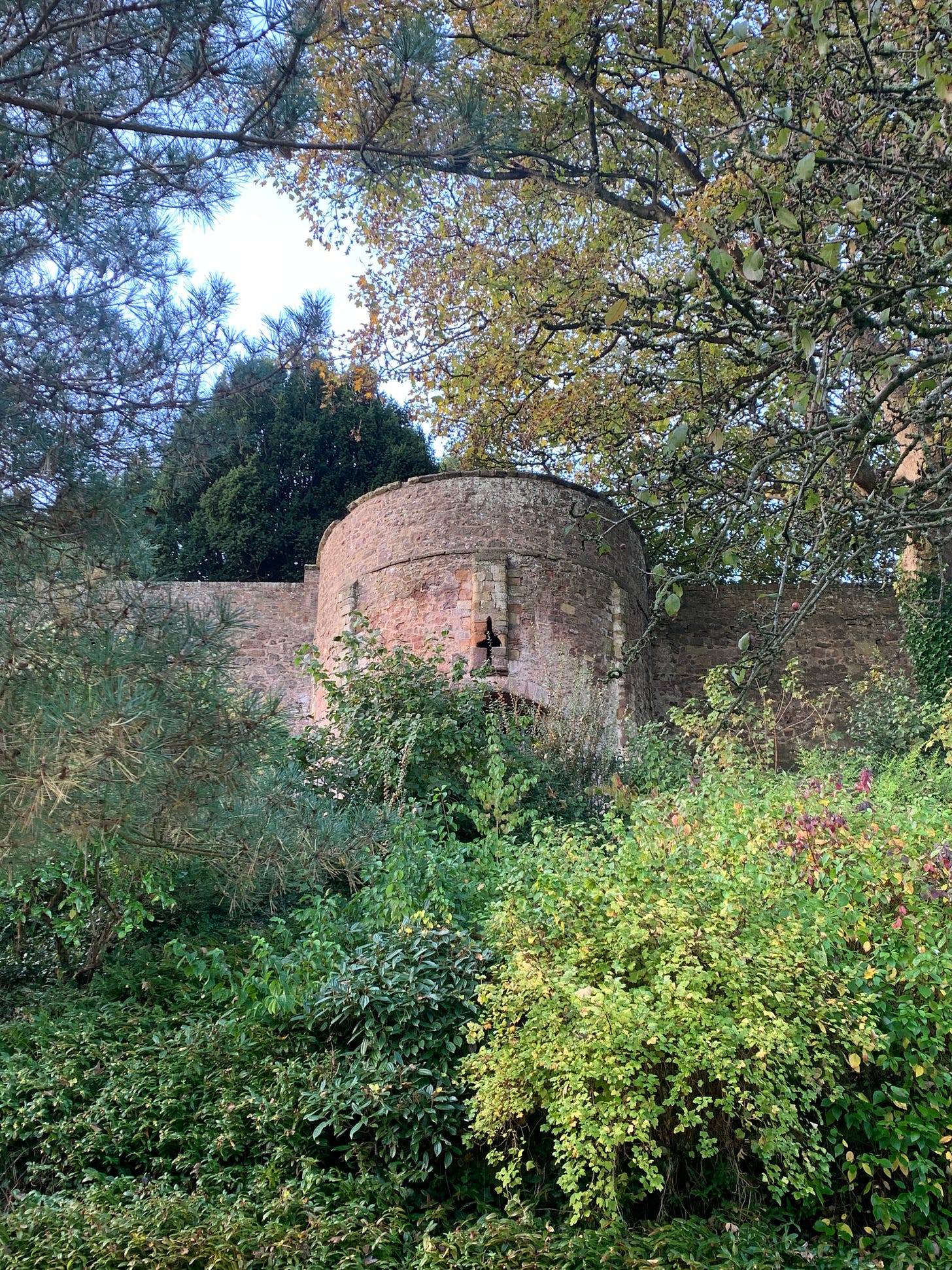 A roman/medieval city wall with a cross window etched into it, surrounded by trees and bushes