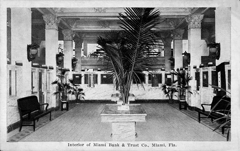 Postcard of interior of Miami Bank & Trust building.