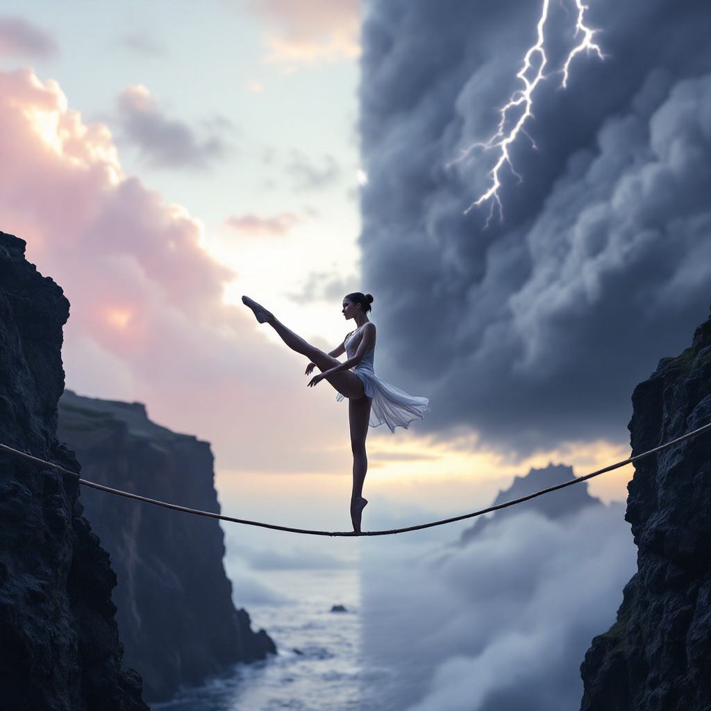 una bailarina d ballet suspendida sobre una cuerda que va de extremo a extremo de un acantilado, con un fondo mitad cielo claro y mitad tormenta, simbolizando el equilibrio entre el caos y el orden