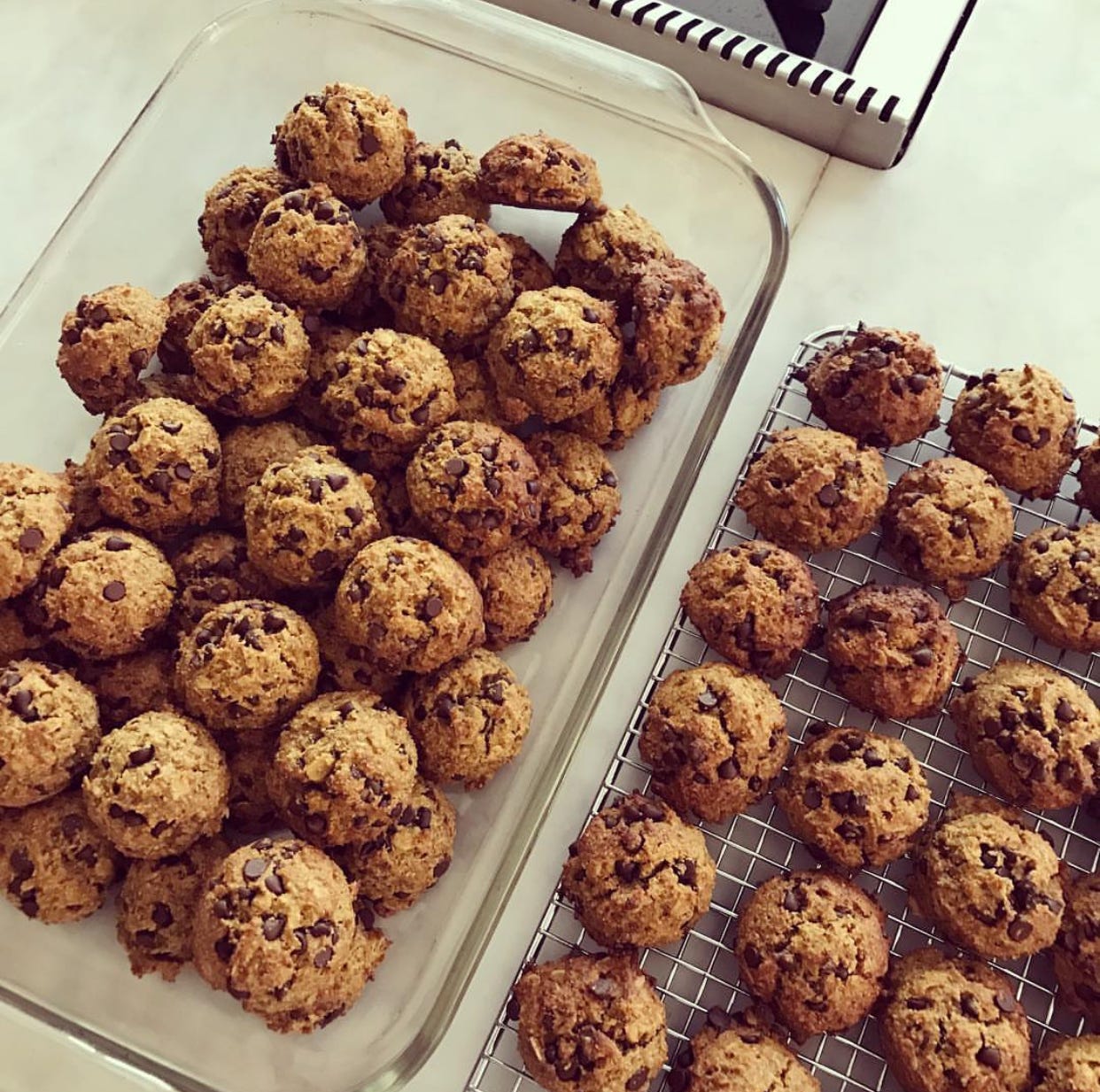 brown cookies with darker brown chocolate chips resting in a clear glass baking dish and on a metal drying rack on top of a white countertop