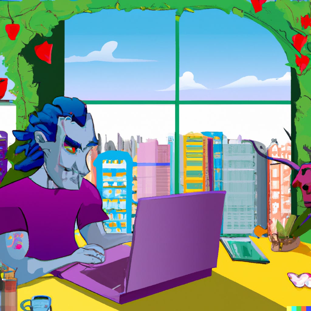 Art via DALL-E 2 prompt “a creator sitting at a desk with a laptop computer in a modern office filled with plants, notes, artwork and a city view with cartoonish dragons and trolls outside.” 