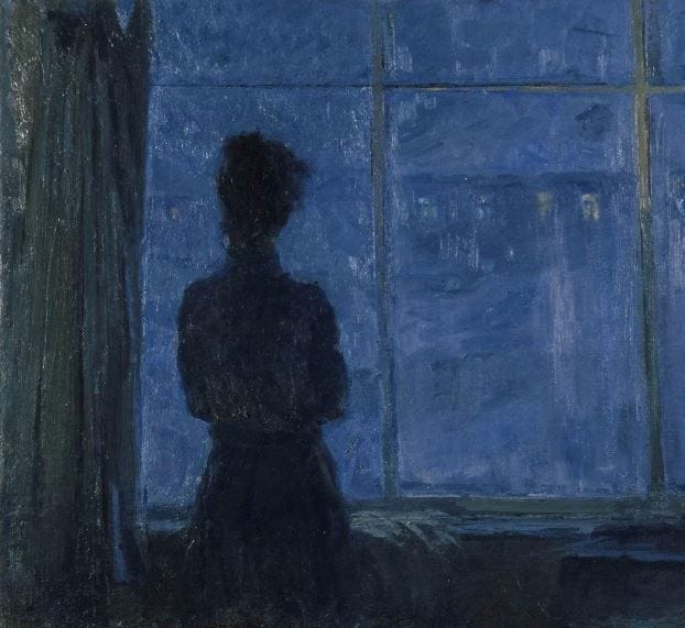 This may contain: a painting of a person standing in front of a window