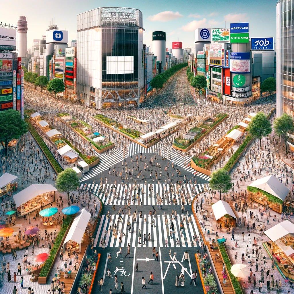 An imaginative depiction of Shibuya crossing as a pedestrian-only zone, with a dense crowd of people. In this 4:3 format image, the crossing is transformed into a lively, bustling urban space. Numerous pop-up shops, food stalls, and outdoor cafes are set up in the middle of what used to be roads, surrounded by throngs of people walking, shopping, and socializing. The 109 tower is visible in the background, adding an iconic touch to the scene. The layout includes wide pedestrian walkways, vibrant seating areas, and artistic elements like colorful planters and public art. The atmosphere is vibrant and community-focused, illustrating a lively urban pedestrian paradise.