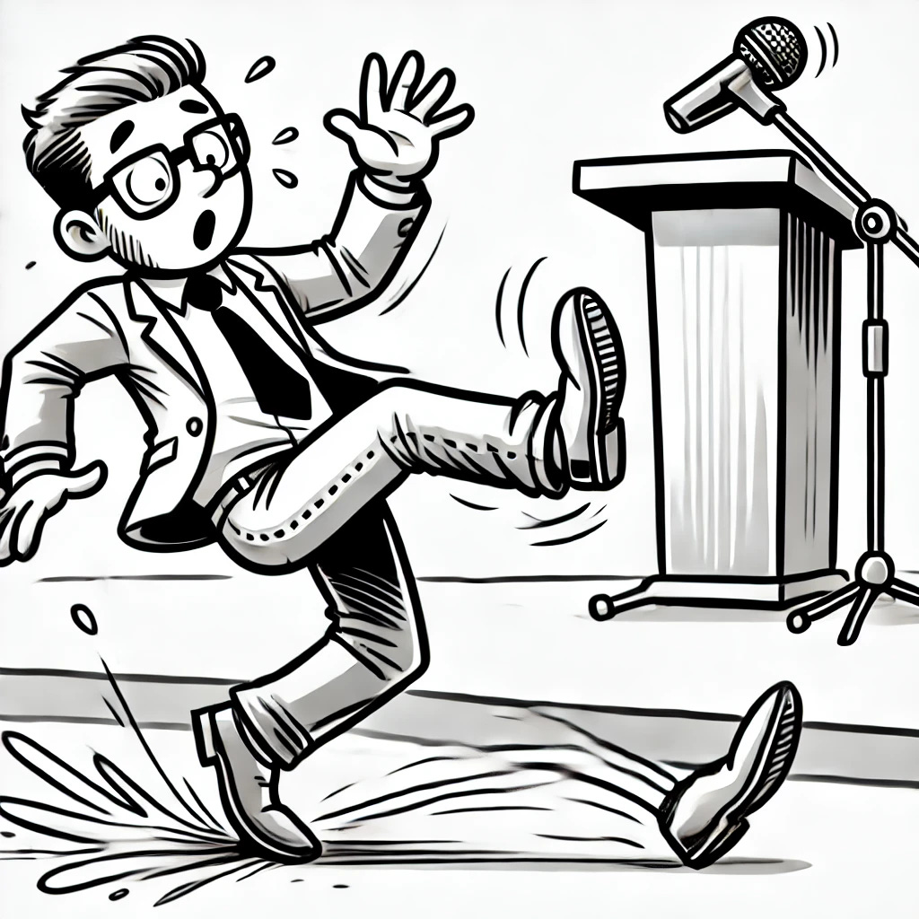 Black and white cartoon drawing of a presenter walking confidently towards a stage with a microphone in the background. The presenter suddenly trips and falls forward in a comedic fashion, with their legs up in the air, arms flailing, and a shocked expression. The scene is lighthearted and humorous, with simple linework and exaggerated cartoon features.