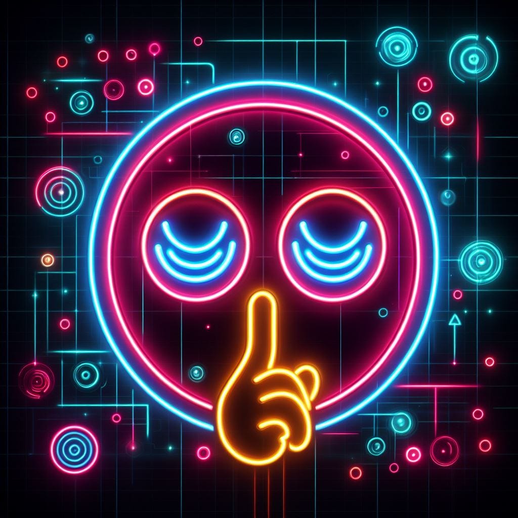 A neon futuristic digital art print with a neon shh emoji