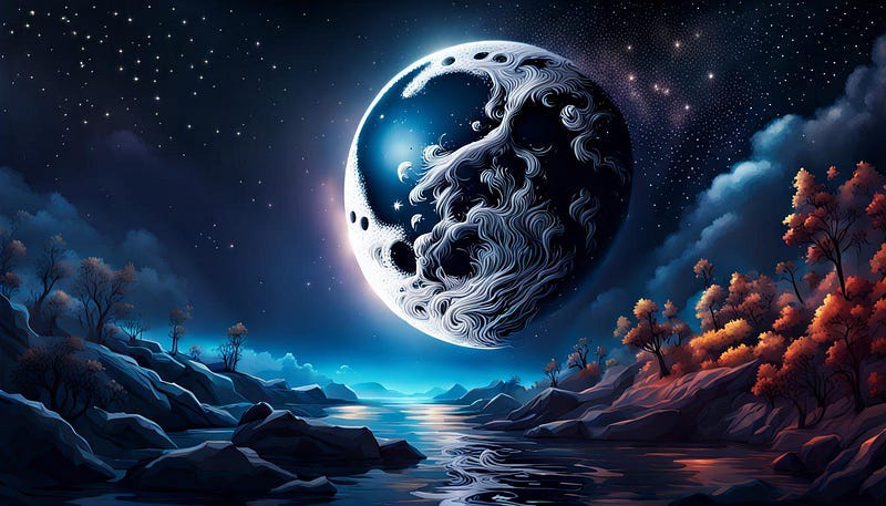 Moonlit starry nicht scene, hyperreal depiction