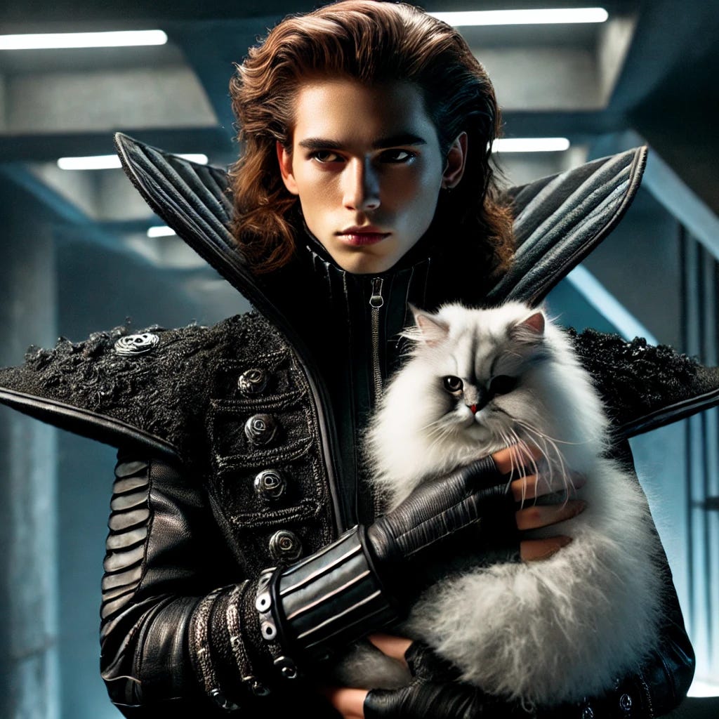 A young male leader with long flowing hair, dressed as an evil Bond villain. He is wearing a strange, futuristic uniform with black fabric and metallic accents, featuring high collars and asymmetrical designs. He holds a fluffy white cat, with a cold and calculating expression on his face. The setting is a dimly lit, futuristic lair, adding a dark, villainous atmosphere to the scene.