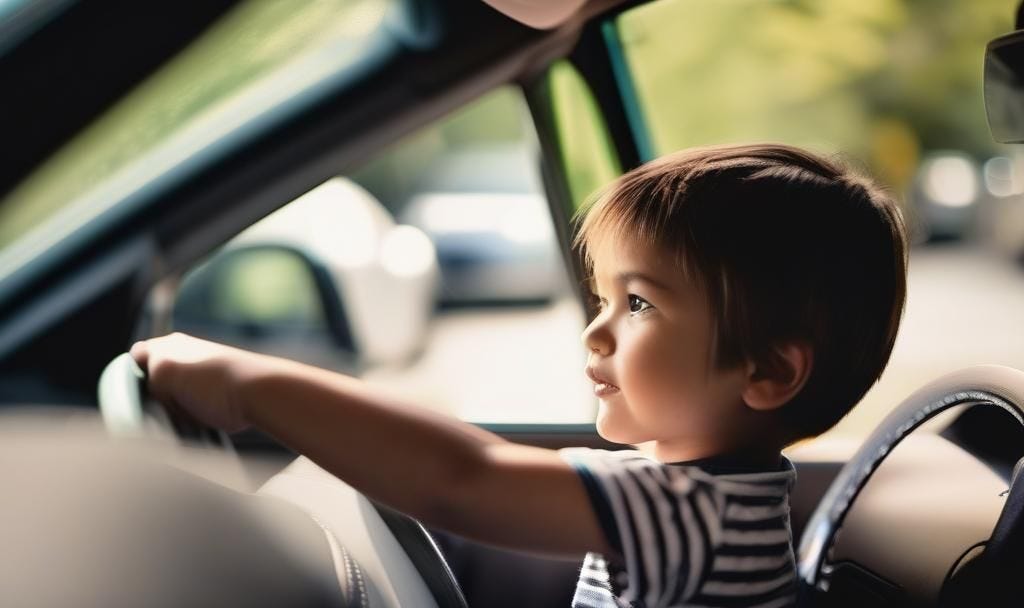 Child holding a steering wheel