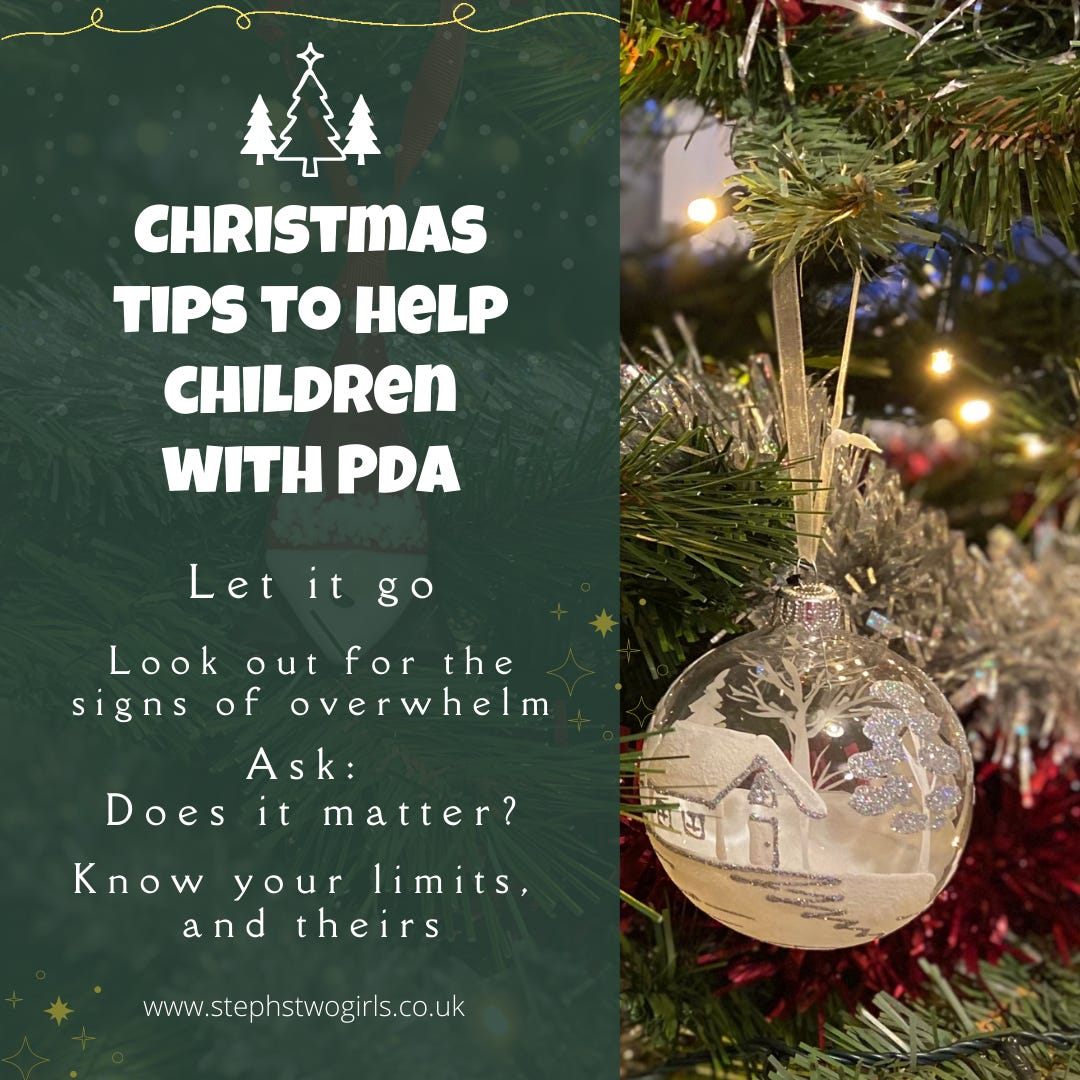 Green box with christmas tree and decorations in background, and text christmas tips to help children with PDA