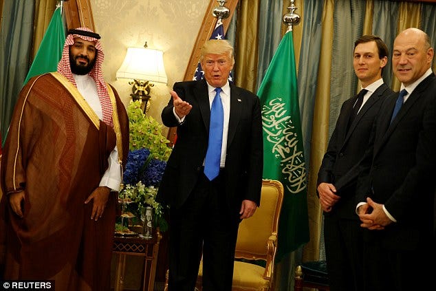 Ourman on the throne: Mohammed bin Salman was only deputy crown prince when he met President Donald Trump, Jared Kushner, and other officials including chief economic adviser Gary Cohn in Saudi Arabia in May. When he become crown prince, Trump boasted he was 'our man'