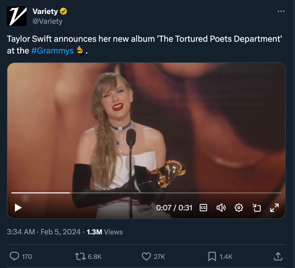 A tweet from Variety. It reads "Taylor Swift announces her new album 'The Tortured Poets Department' at the #Grammys." THere's a video but it's frozen on a frame of Taylor Swift at the mic with a Grammy award wearing a white dress and black gloves.