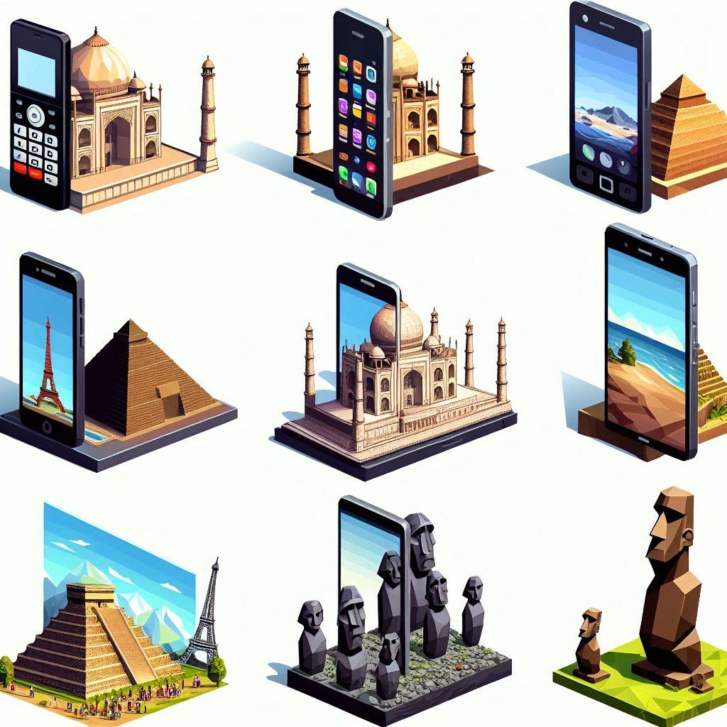Image of a various types of mobile phone and famous global landmarks: the Taj Mahal, pyramids, Easter Island statues, and the Eiffel Tower. Created with DALL·E 3