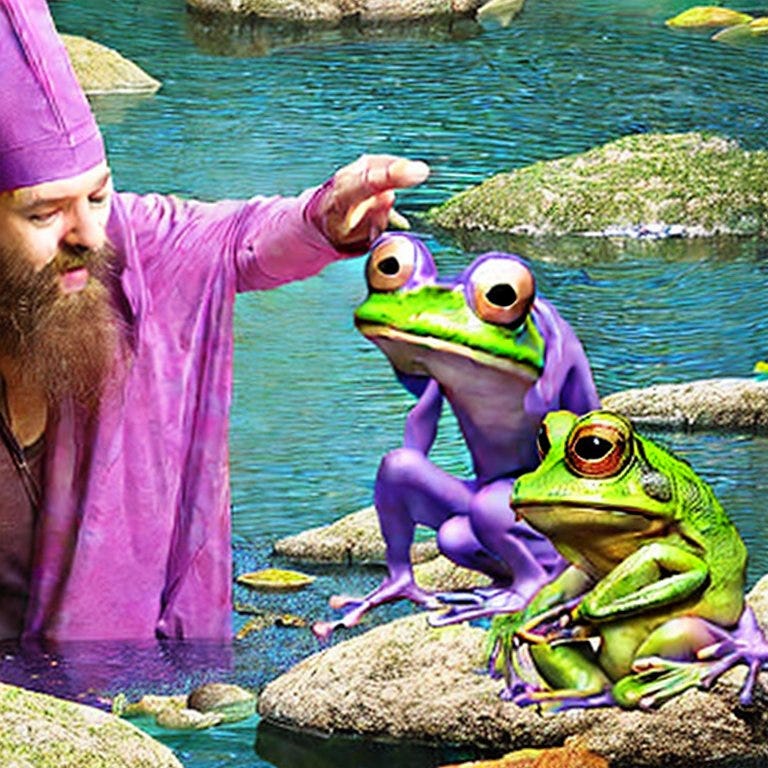 A wizard in a purple hat and robes standing in waist-deep water next to some frogs