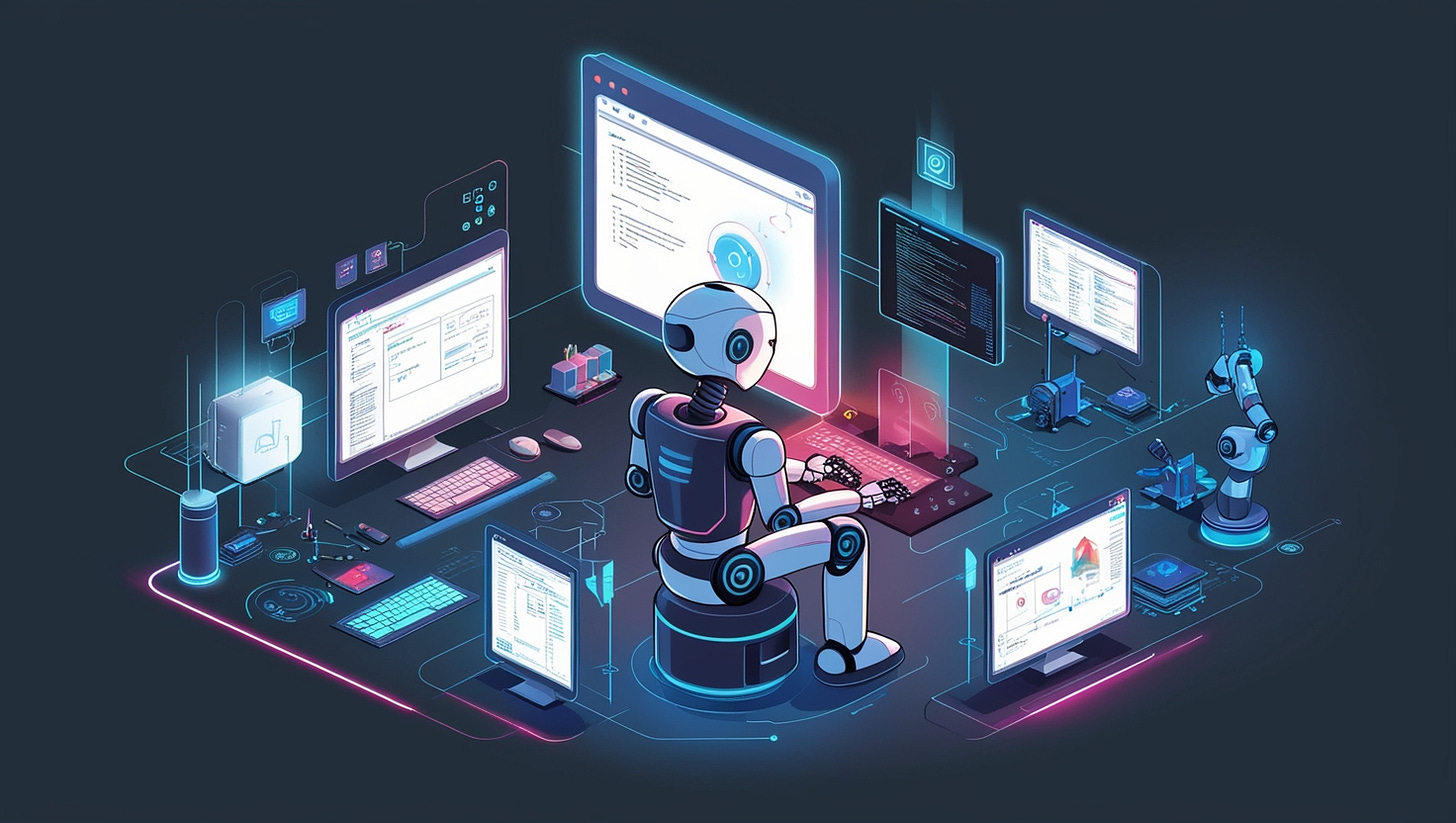 A futuristic illustration of a robot surrounded by various computer screens, tools, and machinery, depicting it efficiently working on tasks typically done by humans, such as coding, designing, and problem-solving, with a subtle glow emanating from the screens and machinery, conveying a sense of innovation and artificial intelligence, set against a dark blue or grey background with neon accents, showcasing the ai's capabilities and dominance in the work sphere, with a hint of vibrant colors to represent the intersection of technology and humanity.