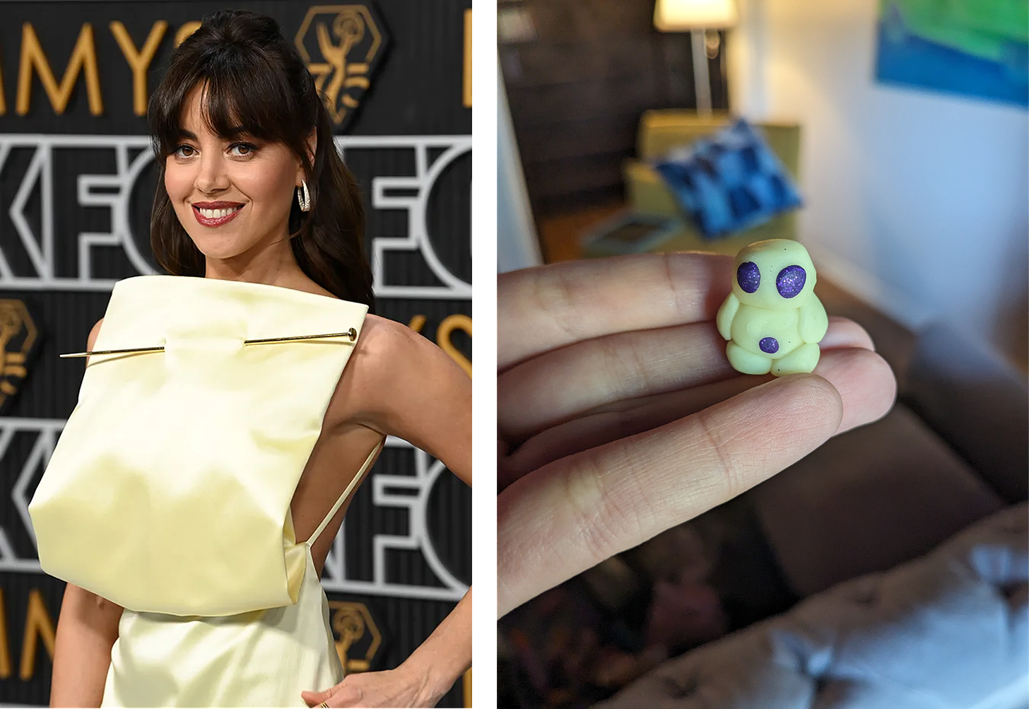 Left: Aubrey Plaza in the worst yellow dress I've ever seen. Right: Polymer clay alien with purple sparkly eyes and belly button.