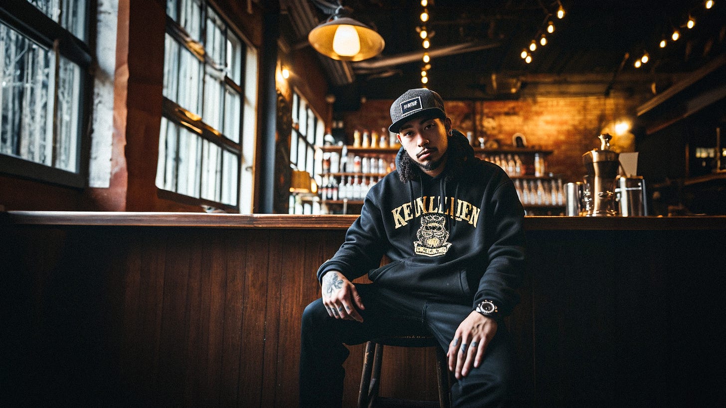 A young man who is an entreprenuer and service industry owner sits on a stool. He is wearing branded hoodies, wears a nice watch and has a micro-corduroy patch hat with a flat brim. He is sitting in a bar area with dark wood fixtures.