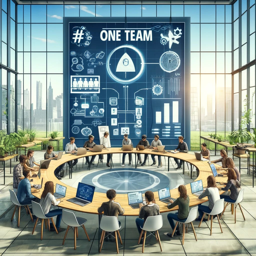 An illustration showing a concept of #oneteam for product, engineering, and UX in a corporate setting. The image features a large, open workspace with three groups of professionals working together around a central round table. Each group is diverse and includes a product manager, an engineer, and a UX designer, depicted with tools like laptops, digital tablets, and design mock-ups. The background shows a digital display with flowcharts and user feedback data, symbolizing integration and collaboration. The setting is modern, with glass walls and green plants, embodying a creative and inclusive environment.