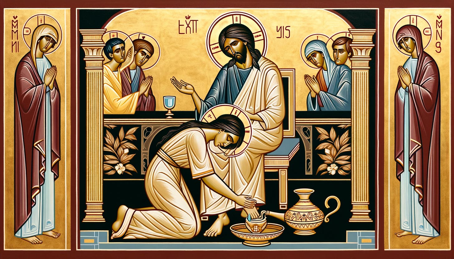Create an iconographic header image for a blog post featuring the story of the sinful woman who anoints Jesus' feet from Luke 7:37-50. Depict the woman kneeling at Jesus' feet, weeping, with her tears flowing towards His feet. She should be holding an alabaster flask of ointment. Jesus should be shown with a compassionate expression, seated at the table in the Pharisee's house. Include traditional iconographic elements such as halos for Jesus and the woman, a gold leaf background, and stylized figures. Emphasize the themes of repentance, forgiveness, and the transformative power of unconditional love and faith.