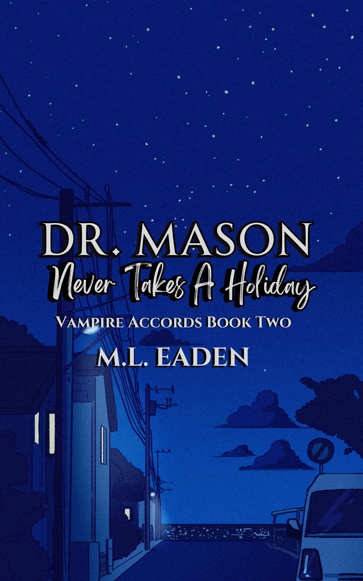 Dr. Mason Never Takes A Holiday Vampire Accords Book Two by M.L. Eaden. Background is a cartoonish city suburb at night