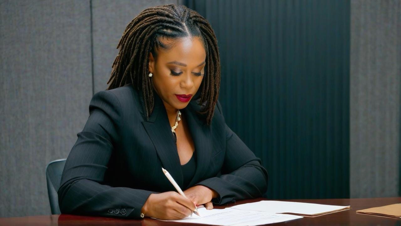 Black Woman  with locs wearing in black dress and business suit writing a letter