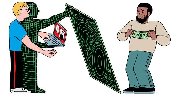 An illustration of a computer user creating an artwork via an A.I. program, and a man holding cash, wondering if he should spend his money on the A.I.-generated image.