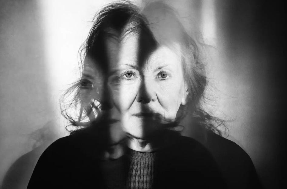 A escritora Annie Ernaux, numa foto em preto e branco em que seu rosto aparece dividido por sombras e reflexos