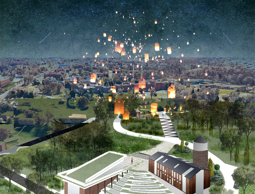 Aerial view at night of a farm and village with paper lanterns wafting skyward