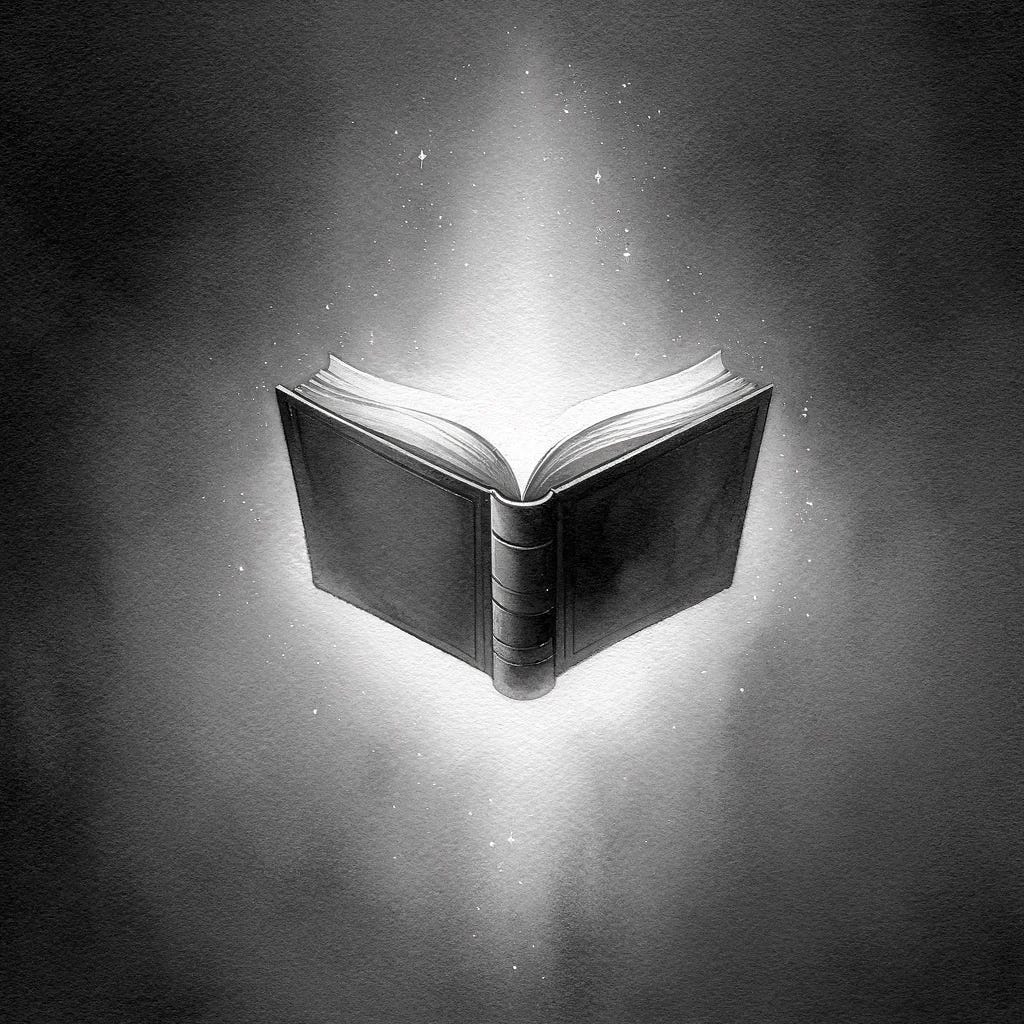 A two-tone watercolor painting, primarily using shades of black and grey, illustrating a minimalist and abstract concept of spirituality and divine record-keeping. The artwork focuses on a simple open book, subtly glowing in a soft light against a plain dark background. This visual simplicity represents the concept of a celestial book where every thought and deed is recorded, emphasizing the themes of unseen spiritual moments and divine oversight, creating a serene and contemplative atmosphere.