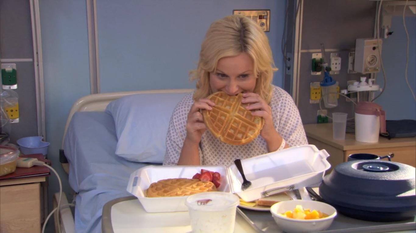 I don't really have a reason but here is our Lord and Savior eating a Waffle  in bed : r/PandR