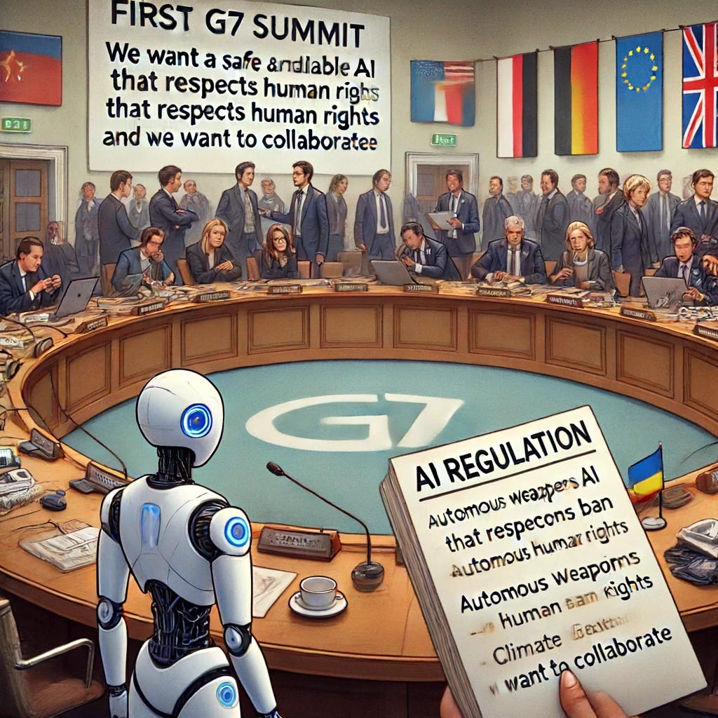 A scene depicting the aftermath of the first G7 summit, with a focus on the expectations and disappointment surrounding AI regulation. The scene shows a large conference room with world leaders distracted by other topics like the Ukraine war and European elections. In the foreground, a document titled 'AI Regulation' lies on the table, appearing neglected. Giorgia Meloni looks frustrated or disappointed. A digital creator, represented by a cartoon character named 'Accorciabro', holds a sign summarizing the outcomes with the text 'We want a safe and reliable AI that respects human rights and we want to collaborate.' In the background, other issues like 'Autonomous Weapons Ban', 'Climate Change Solutions', and 'International Governance' are visibly ignored. The atmosphere conveys a sense of missed opportunities and unfulfilled promises.