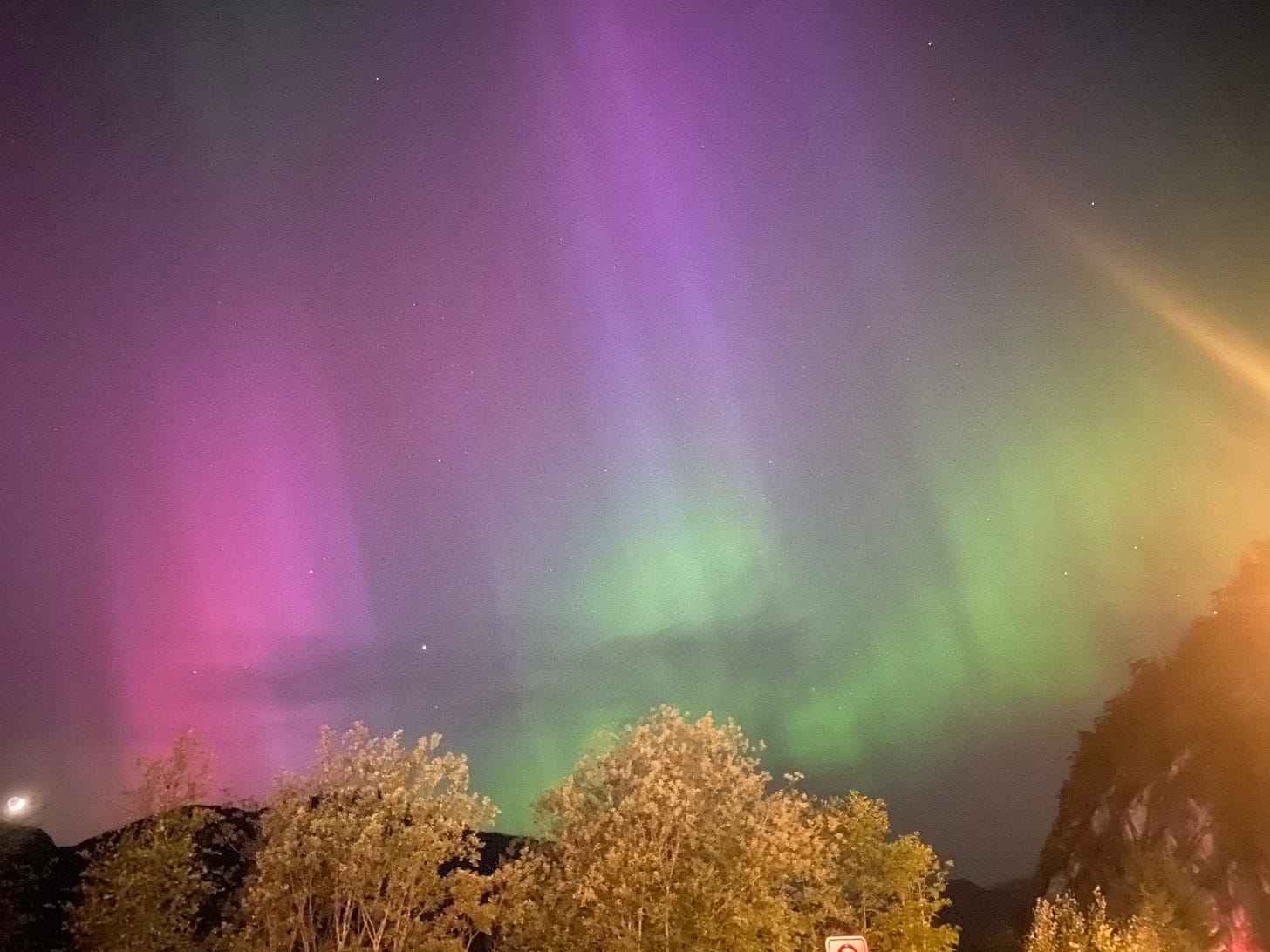 A shot of the night sky, mountains and trees near the horizon, the sky lit vibrantly pink, purple, and green with aurora.