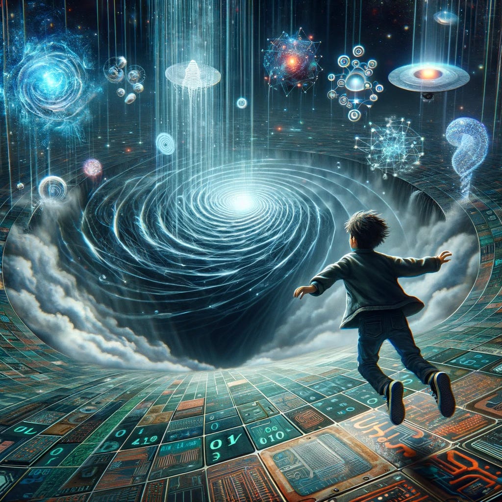 Imagine a scene reminiscent of Alice falling down the rabbit hole, except in this version, Alice is a boy. This boy is tumbling into a vast, spiraling abyss that symbolizes the unknown depths of artificial intelligence. Surrounding him are various symbols of AI, such as glowing neural networks, streams of binary code cascading like waterfalls, and ethereal, holographic representations of circuitry and algorithms. The atmosphere is doomy and foreboding, emphasizing the unpredictable and potentially perilous journey into AI research and development. The boy, dressed in contemporary attire, looks around with a mix of awe and apprehension, capturing the dual nature of human curiosity and fear in the face of profound technological advances.