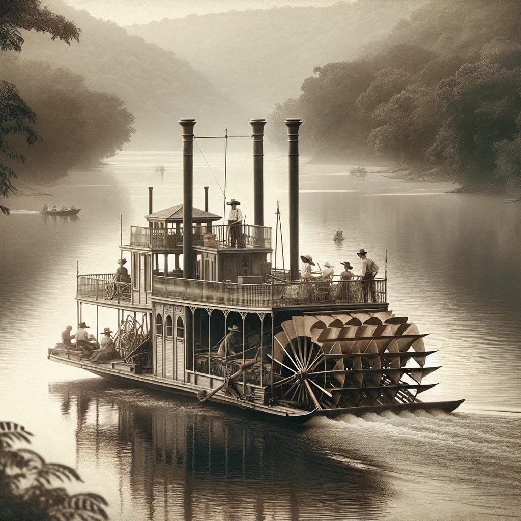 A serene scene of a classic riverboat on a calm river, echoing the Tom Sawyer era. The boat features a large paddle wheel with less churn in the water, creating a smoother, more tranquil river surface. Visible on the boat are people working on the paddle wheels, adding a touch of human activity and life to the scene. These individuals, dressed in period-appropriate attire, are engaged in their tasks, contributing to the boat's journey. The riverboat, with its wooden structure and ornate details, is central in the composition, set against a peaceful river landscape, capturing a blend of adventure and calmness.