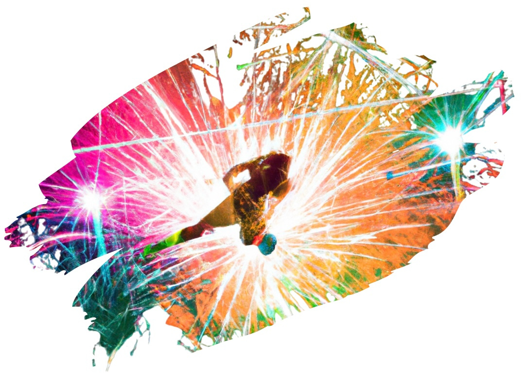 A soccer player in mid-kick with fireworks around her.