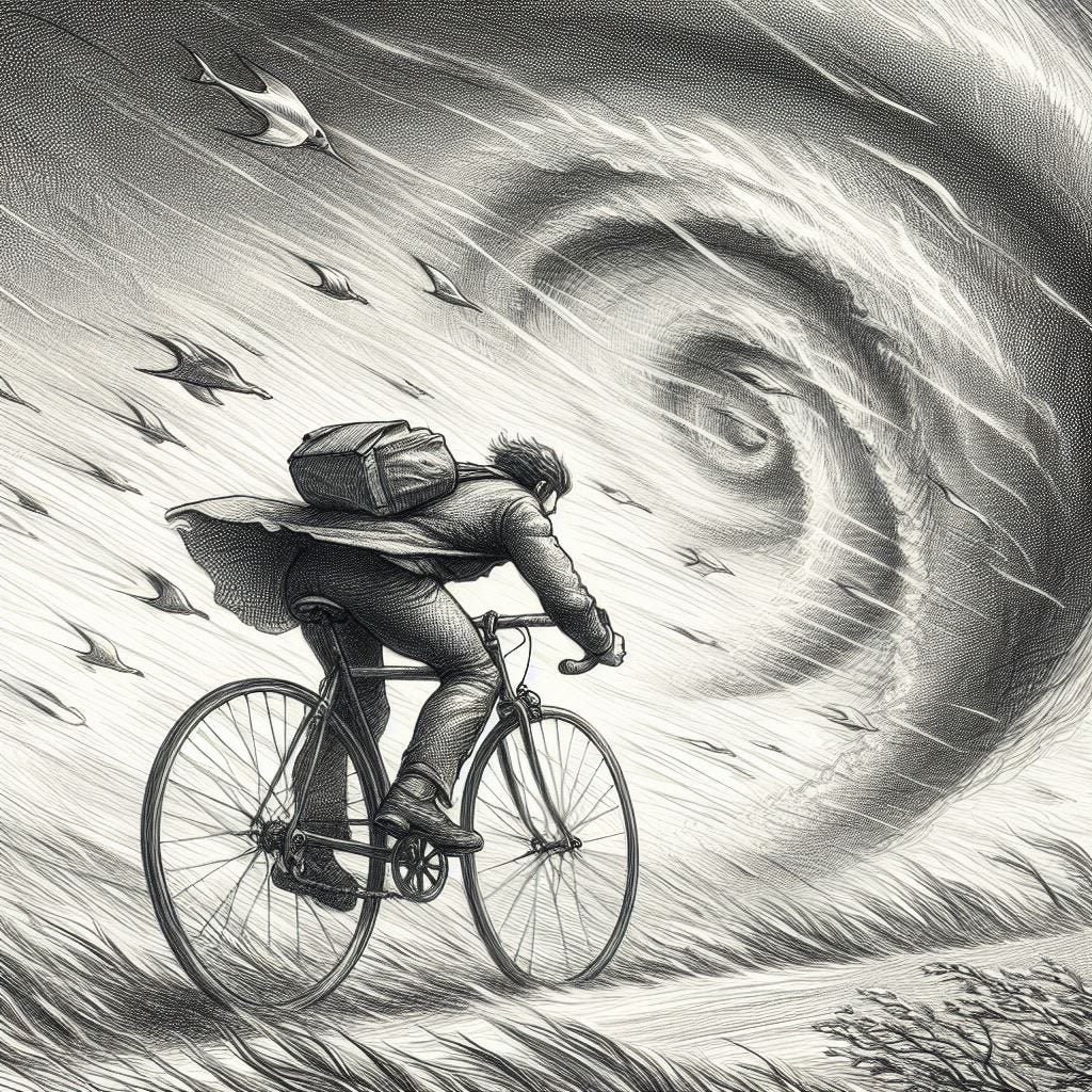 drawing of a man pedalling a bicycle against a hurricane with his head down, and everything blowing past him