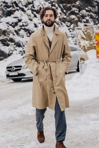 Trenchcoat with Dress Boots Outfits For Men: A trenchcoat and grey dress pants are among the fundamental elements of a solid menswear collection. Dress boots integrate wonderfully within many looks.