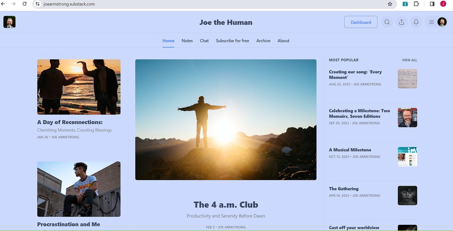 Joe the Human website with recent posts to centre and left and most read posts highlighted to right of screen