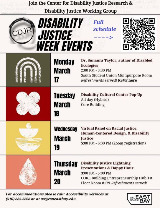 Promotional flyer for Disability Justice Week events, featuring a schedule of sessions and activities for March