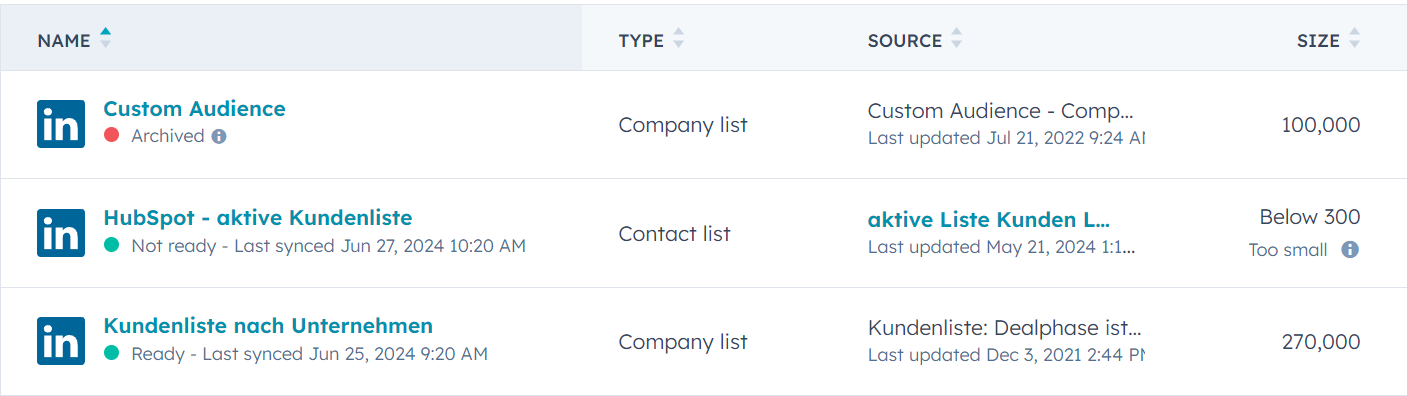 LinkedIn target audience hubspot list