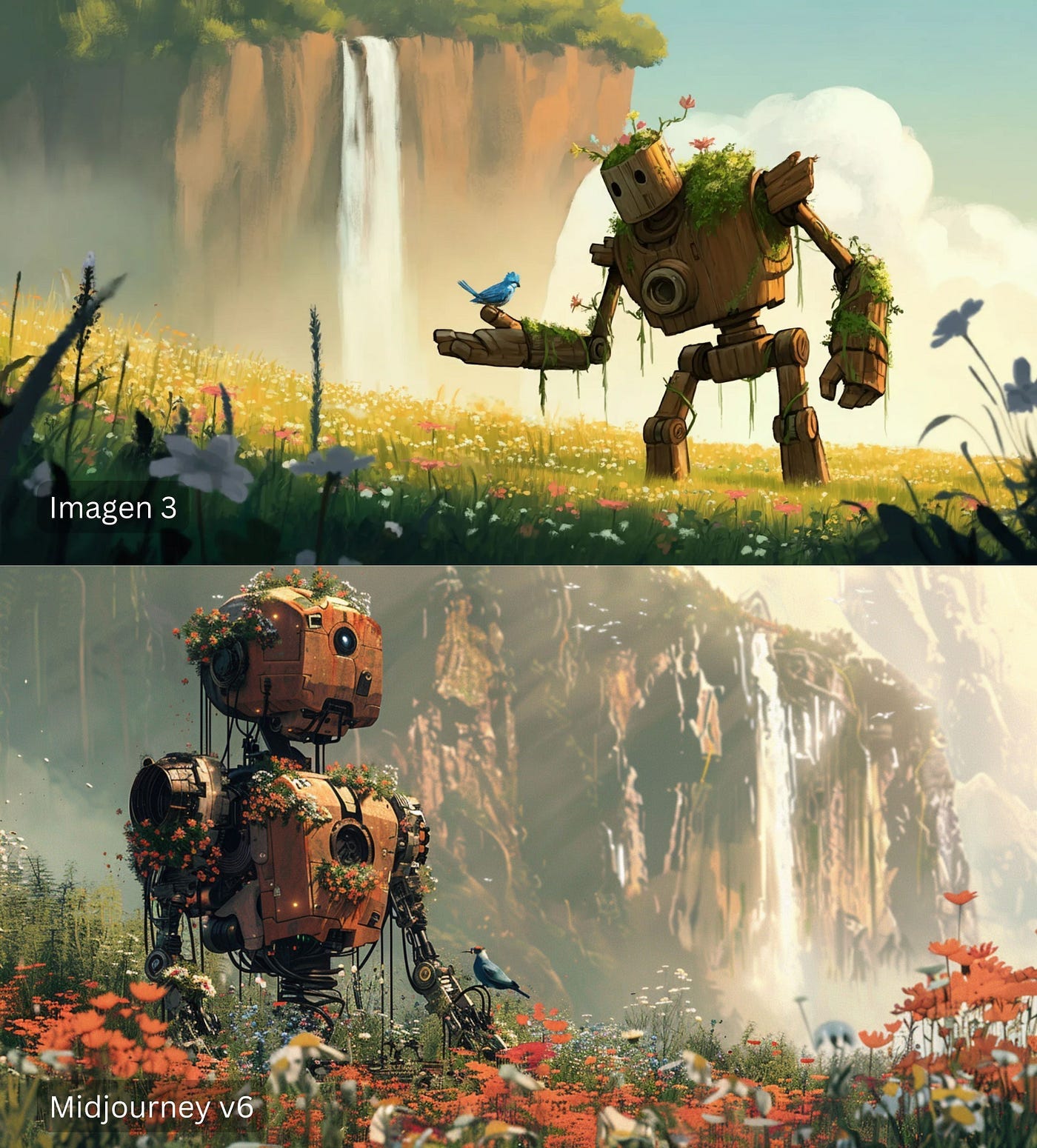 A weathered, wooden mech robot covered in flowering vines stands peacefully in a field of tall wildflowers, with a small bluebird resting on its outstretched hand. Digital cartoon, with warm colors and soft lines. A large cliff with a waterfall looms behind.