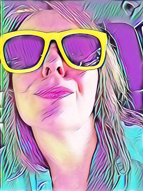 graphic pop art style photo of Jane in yellow sunglasses in the passenger seat of the car