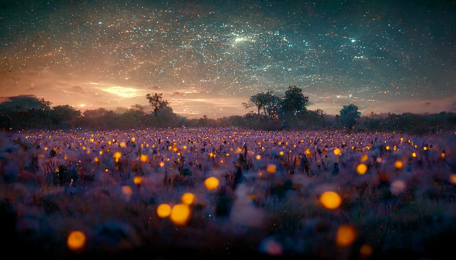 An alien landscape of fuzzy, sometimes glowing plants, underneath a brilliant night sky.