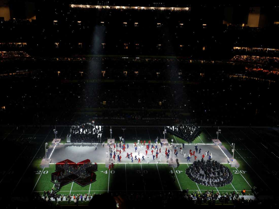 The Caesars Superdome in New Orleans transformed for Kendrick Lamar's halftime performance, Sunday, Feb. 9, 2025.